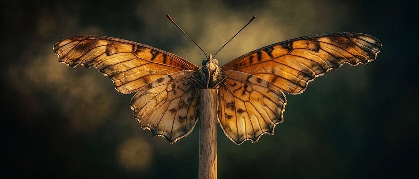 Graceful Butterfly Perched on Wooden Dowel in Cinematic High Dynamic Range Style