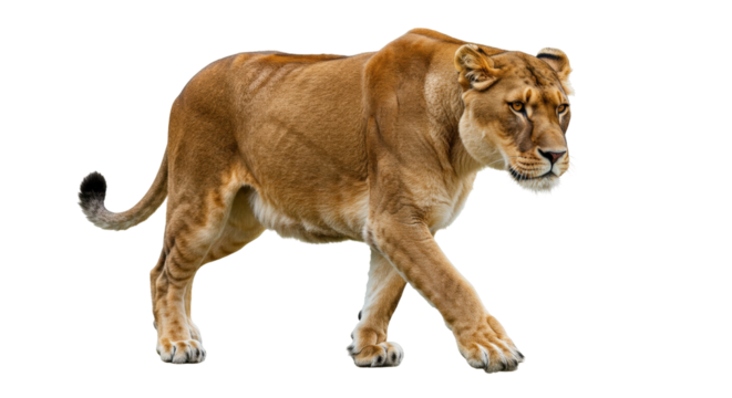 Majestic lioness walking isolated PNG on transparent background, powerful feline predator with golden fur and intense gaze