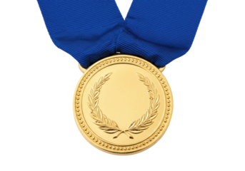 Gold medal with blue ribbon isolated, award for winning first place in a competition or sporting event