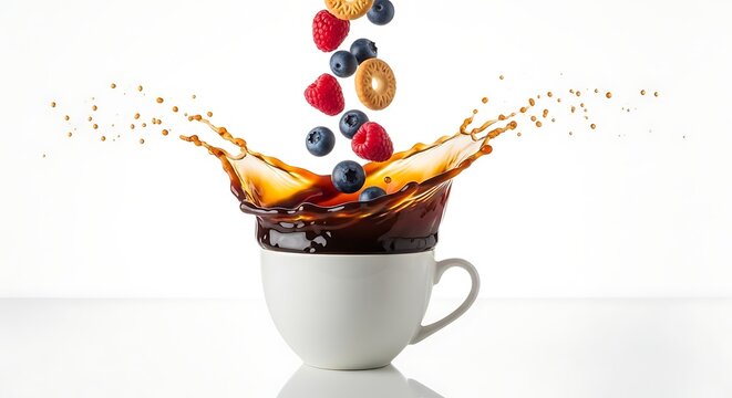 Berries and Biscuits Splash into Coffee in White Cup blueberries raspberries - Powered by Adobe
