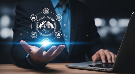 Businessman Holding Trust Icon with Global Network and Laptop hand palm