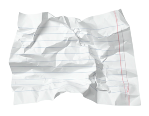 A crumpled piece of lined paper with a red margin against a black backdrop