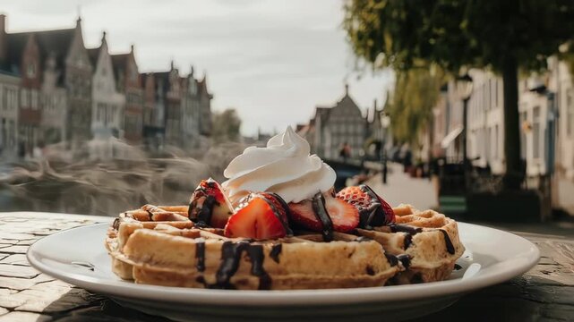 Belgian Waffles with a Picturesque Bruges Canal View