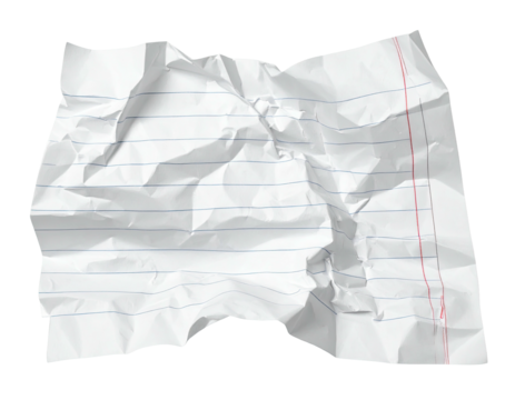 A crumpled piece of lined paper with a red margin against a black backdrop