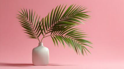 A minimalist composition featuring a white vase with palm leaves against a soft pink background, creating a tropical and elegant aesthetic