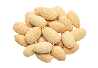 Pile of blanched almonds isolated on transparent background, healthy snack for vegan and keto diet