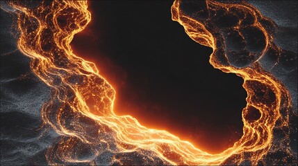 A fiery portal, bordered by glowing particles, reveals a black, mysterious void at its center