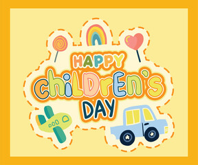 Cute Children’s Day Illustration with Toys and Friends sticker pack © anastia