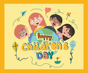 Cute Children’s Day Illustration with Toys and Friends sticker pack © anastia