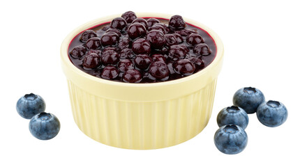 Delicious blueberry compote in a ramekin isolated, sweet dessert with fresh blueberries for breakfast or snack