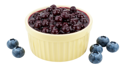 Delicious blueberry compote in a ramekin isolated, sweet dessert with fresh blueberries for breakfast or snack