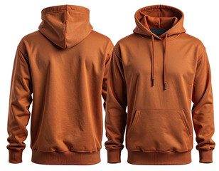 Front and back view of a terracotta-colored hoodie, isolated on black