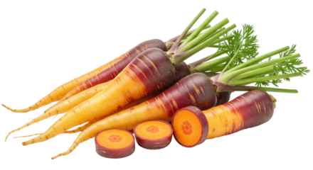 Purple carrots isolated on transparent background, fresh root vegetables with green stems and sliced pieces for healthy eating and cooking