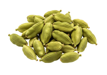 Pile of green cardamom pods isolated, aromatic spice for cooking and flavoring food on a transparent background