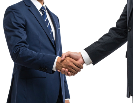 Two formally dressed men shake hands, representing agreement and collaboration