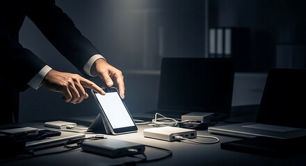 Businessman Connecting Devices at a Modern, High-Tech Workstation