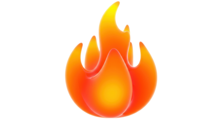 Stylized flame PNG isolated on transparent background, vibrant orange and yellow fire element for graphic design and creative projects