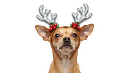 Adorable Chihuahua dog wearing reindeer antlers isolated on transparent background, festive pet portrait for Christmas holiday designs