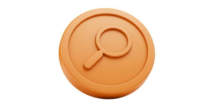 Orange magnifying glass icon isolated PNG, search symbol for user interface and web design, on transparent background