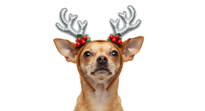 Adorable Chihuahua dog wearing reindeer antlers isolated on transparent background, festive pet portrait for Christmas holiday designs