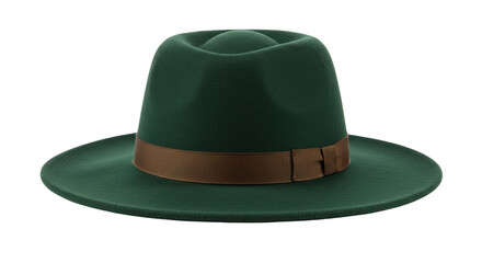 Stylish green fedora hat with brown ribbon isolated, vintage fashion accessory for men and women on a clean backdrop