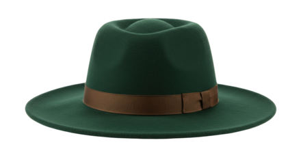 Stylish green fedora hat with brown ribbon isolated, vintage fashion accessory for men and women on a clean backdrop