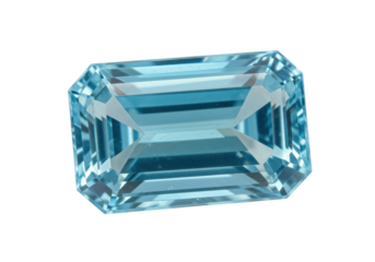 Aquamarine gemstone isolated, emerald cut light blue beryl crystal for jewelry making and design, no background