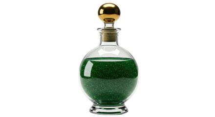 Glass potion bottle with green liquid isolated on transparent background, magical elixir for fantasy games and Halloween concepts