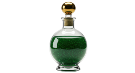 Glass potion bottle with green liquid isolated on transparent background, magical elixir for fantasy games and Halloween concepts