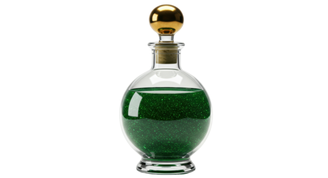 Glass potion bottle with green liquid isolated on transparent background, magical elixir for fantasy games and Halloween concepts