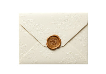 Elegant ivory envelope with floral embossing and gold wax seal isolated, invitation stationery for wedding or special occasion
