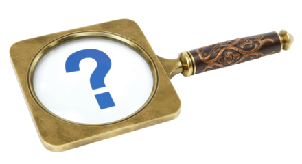 Magnifying glass with question mark isolated on transparent background, symbol of searching and finding answers PNG