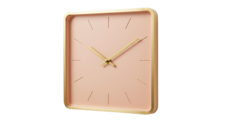 Square wall clock with gold frame isolated on white, minimalist design with pastel pink face and gold hands, timekeeping