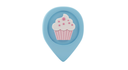 Cute cupcake location pin PNG isolated on transparent background, sweet dessert marker for maps and bakery shop