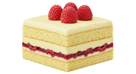 Delicious square cake with raspberries isolated on white, sweet dessert with layers of sponge cake and cream for patisserie menu