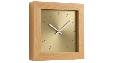 Square wooden wall clock with gold face isolated on white, minimalist design for home decor and timekeeping