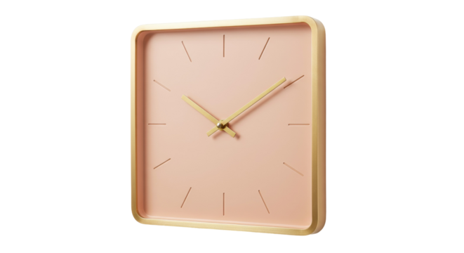 Square wall clock with gold frame isolated on white, minimalist design with pastel pink face and gold hands, timekeeping