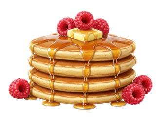 Stack of pancakes with butter, syrup and raspberries isolated on transparent PNG, breakfast dessert for food design and culinary projects