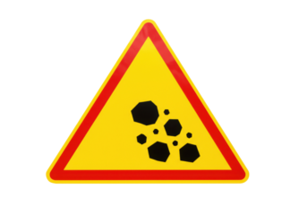 Yellow triangular road sign warning of falling rocks isolated, danger ahead sign for traffic safety and construction zones PNG