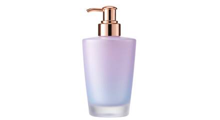 Elegant frosted glass bottle with golden pump isolated, luxurious cosmetic container for lotion or soap on transparent background