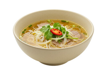Vietnamese pho soup with beef and vegetables isolated, traditional asian cuisine in a bowl on no background, healthy eating