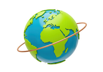 Earth globe with continents and copper ring isolated on transparent PNG, world map model for geography and environmental concepts