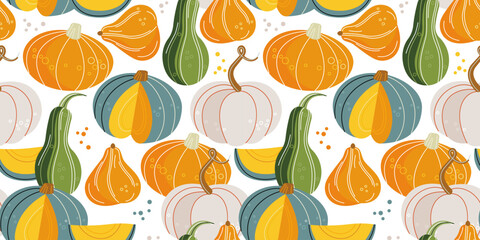 seamless pattern of different types of pumpkins on a white background. autumn vegetables drawn in a flat style with linear elements. stock vector illustration. EPS 10.