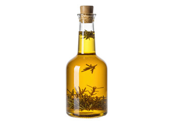 Rosemary infused olive oil in glass bottle isolated, aromatic cooking ingredient for culinary use and flavoring dishes