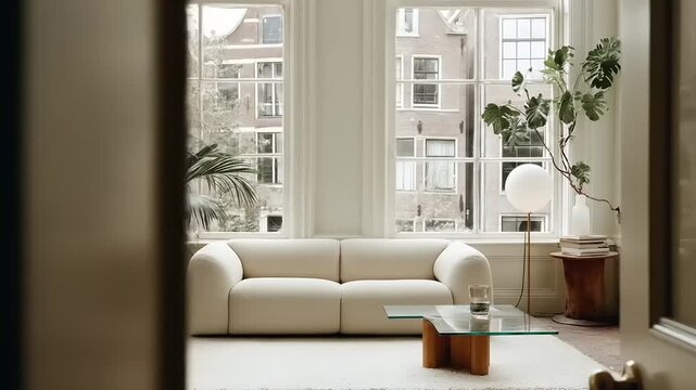 A cream-colored sectional sofa and coffee table in a spacious, light-filled living room with large windows, lush greenery, and modern decor.