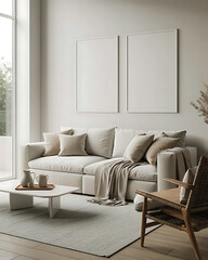 Fototapeta premium Minimalist living room interior design with a comfortable beige sofa and blank picture frames creating a cozy and inviting atmosphere for relaxation and modern home decor