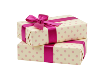 Isolated stack of two gifts wrapped in dotted paper with pink satin ribbons and a bow tied on top