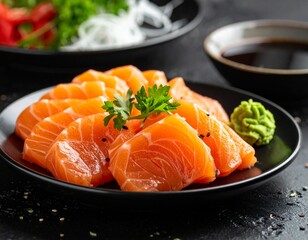 Raw fish slice serve with wasabi on the table