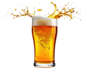 Pint glass of amber liquid with foam and splash, isolated on black