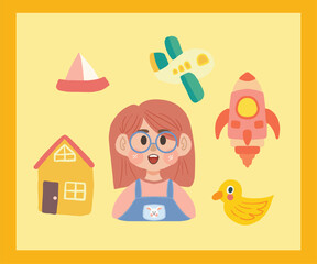 Cute Children’s Day Illustration with Toys and Friends sticker pack © anastia